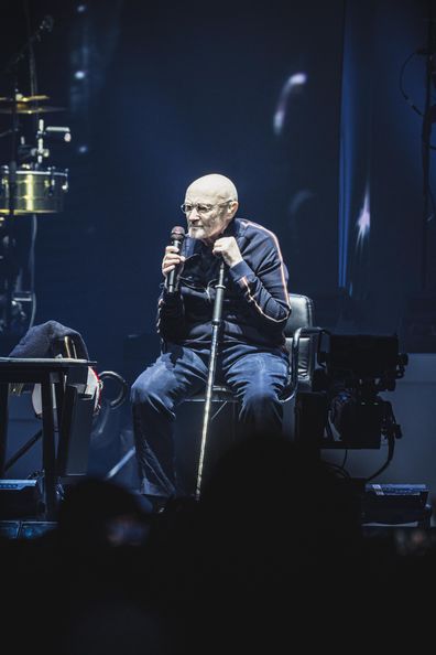 British singer and drummer Phil Collins of the band Genesis performs live on stage during a concert at Mercedes Benz Arena on March 7, 2022 in Berlin, Germany.