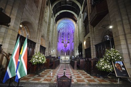 A general view of the St. Georges Cathedral in Cape Town, South Africa, Saturday, Jan. 1, 2022 where Anglican Archbishop Desmond Tutu Emeritus funeral service is to take place. 