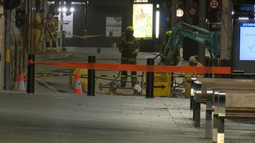 This excavator struck the high pressure gas main during construction work for the new metro rail line. Picture: 9NEWS