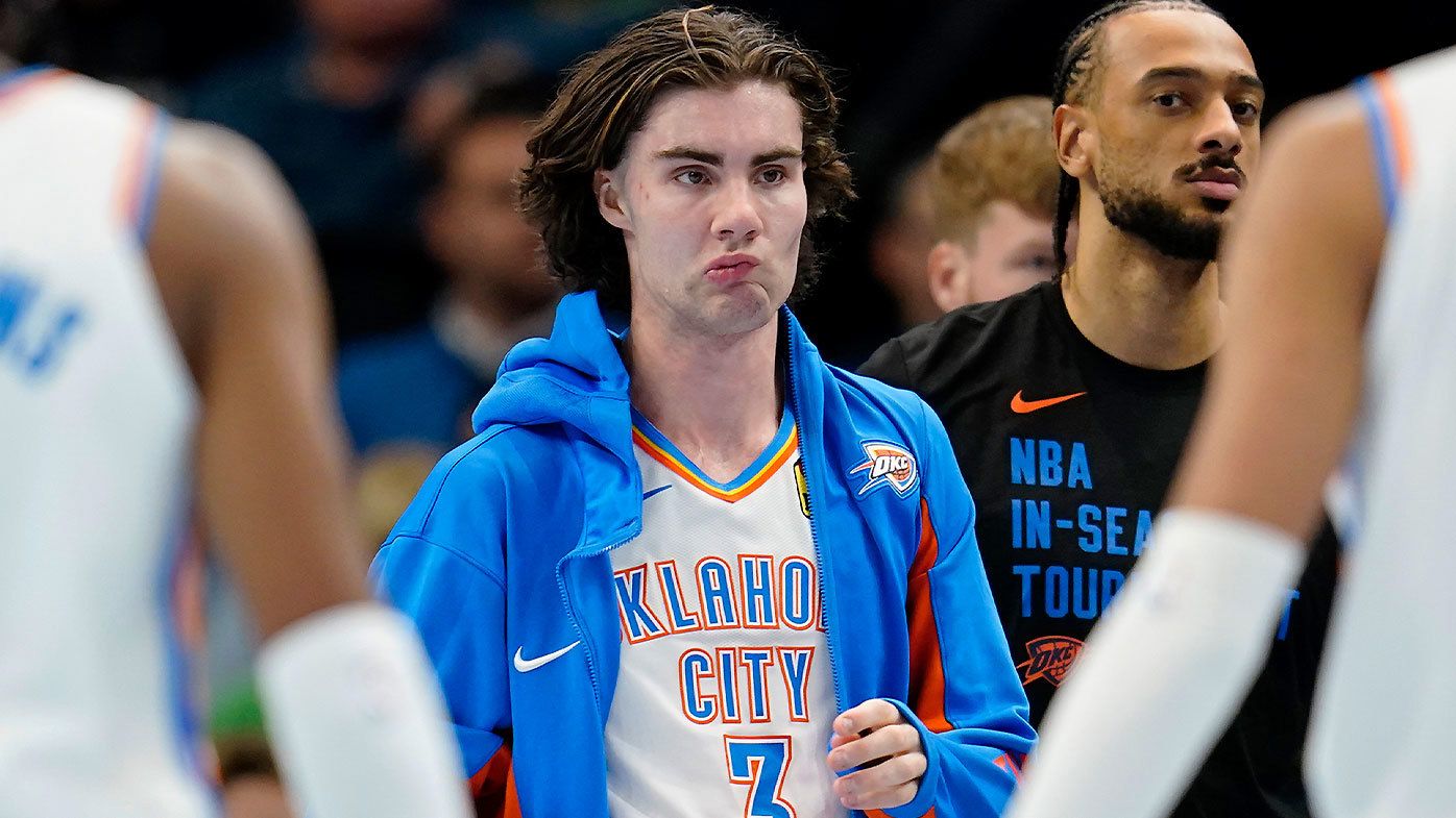 Josh Giddey pictured during a timeout in the Thunder&#x27;s game against the Timberwolves