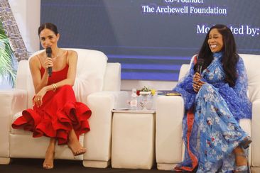 ABUJA, NIGERIA - MAY 11: (EDITORIAL USE ONLY) Meghan, Duchess of Sussex speaks at a Women in Leadership event co-hosted with Ngozi Okonjo-Iweala on May 11, 2024 in Abuja, Nigeria. (Photo by Andrew Esiebo/Getty Images for The Archewell Foundation)