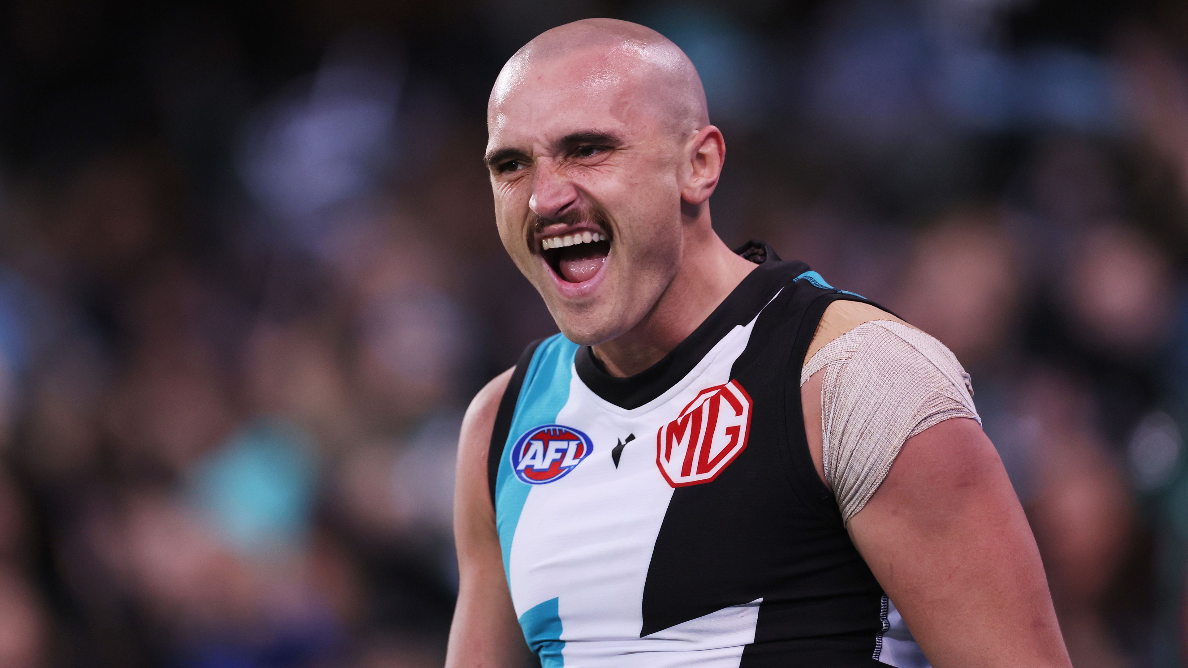 ADELAIDE, AUSTRALIA - AUGUST 13: Sam Powell-Pepper of the Power celebrates a goal during the 2023 AFL Round 22 match between the Port Adelaide Power and the GWS GIANTS at Adelaide Oval on August 13, 2023 in Adelaide, Australia. (Photo by James Elsby/AFL Photos via Getty Images)