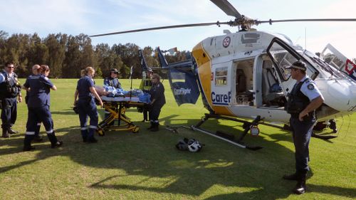 The man was welding a beer tank yesterday afternoon at Kincumber, on NSW's Central Coast, when there was an explosion. (CareFlight)