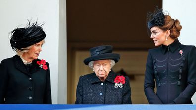 Camilla, Duchess of Cornwall, Queen Elizabeth II and Catherine, Duchess of Cambridge attend the annual Remembrance Sunday service at The Cenotaph on November 10, 2019 in London, England.