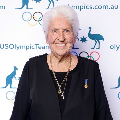 Dawn Fraser AC MBE poses during the John Coates Celebration Dinner at Sofitel Hotel on April 30, 2022 in Sydney, Australia. 