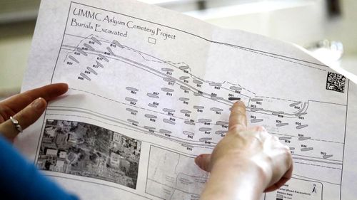 Anthropologist Anna Osterholtz holds a map outlining the 66 unearthed graves at what was the graveyard of the Mississippi State Asylum in Jackson. (AP)