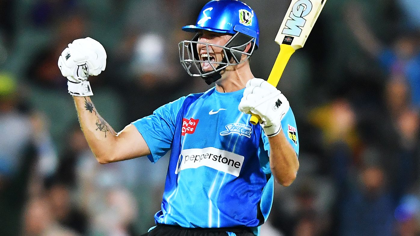 Matt Short of the Strikers celebrates hitting the winning runs against Hobart.