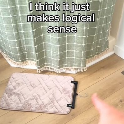 Lauren's bath mat drying hack using a coat hanger