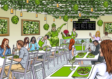 Tastecard Brussels Sprout Restaurant graphic featuring a drag queen dressed as a Brussels sprout, and green decor       