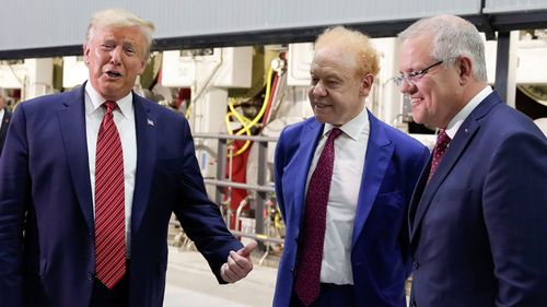 Donald Trump with Anthony Pratt and then-Prime Minister Scott Morrison at a factory in the US.
