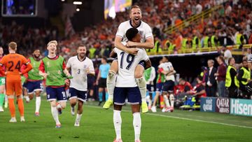 Ollie Watkins of England celebrates victory with Harry Kane after the UEFA EURO 2024 semi-final match between Netherlands and England at Football Stadium Dortmund on July 10, 2024 in Dortmund, Germany. (Photo by Alex Livesey/Getty Images)