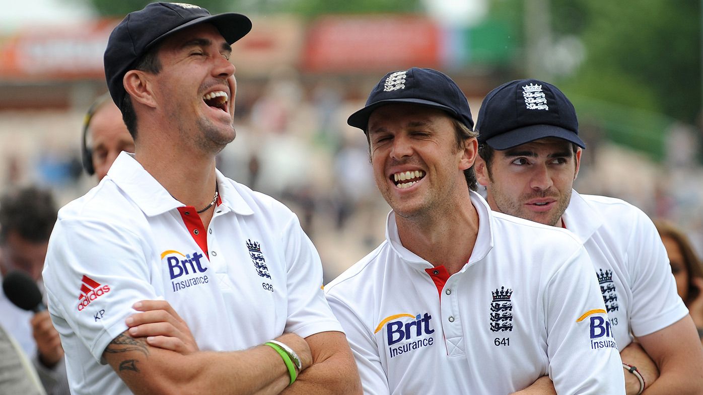 England&#x27;s Kevin Pietersen (left) shares a joke with Graeme Swann (centre) and James Anderson (right) after victory over Bangladesh.   (Photo by Nigel French - PA Images via Getty Images)