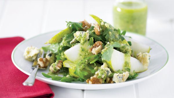 Pear and cheese salad with pesto dressing