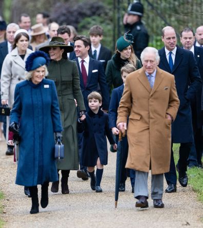 SANDRINGHAM, NORFOLK - DECEMBER 25:  Catherine, Princess of Wales, Camilla, Queen Consort, Prince Louis, Prince George, King Charles III and Prince William, Prince of Wales attend the Christmas Day service at Sandringham Church on December 25, 2022 in Sandringham, Norfolk. King Charles III ascended to the throne on September 8, 2022, with his coronation set for May 6, 2023. (Photo by Samir Hussein/WireImage)