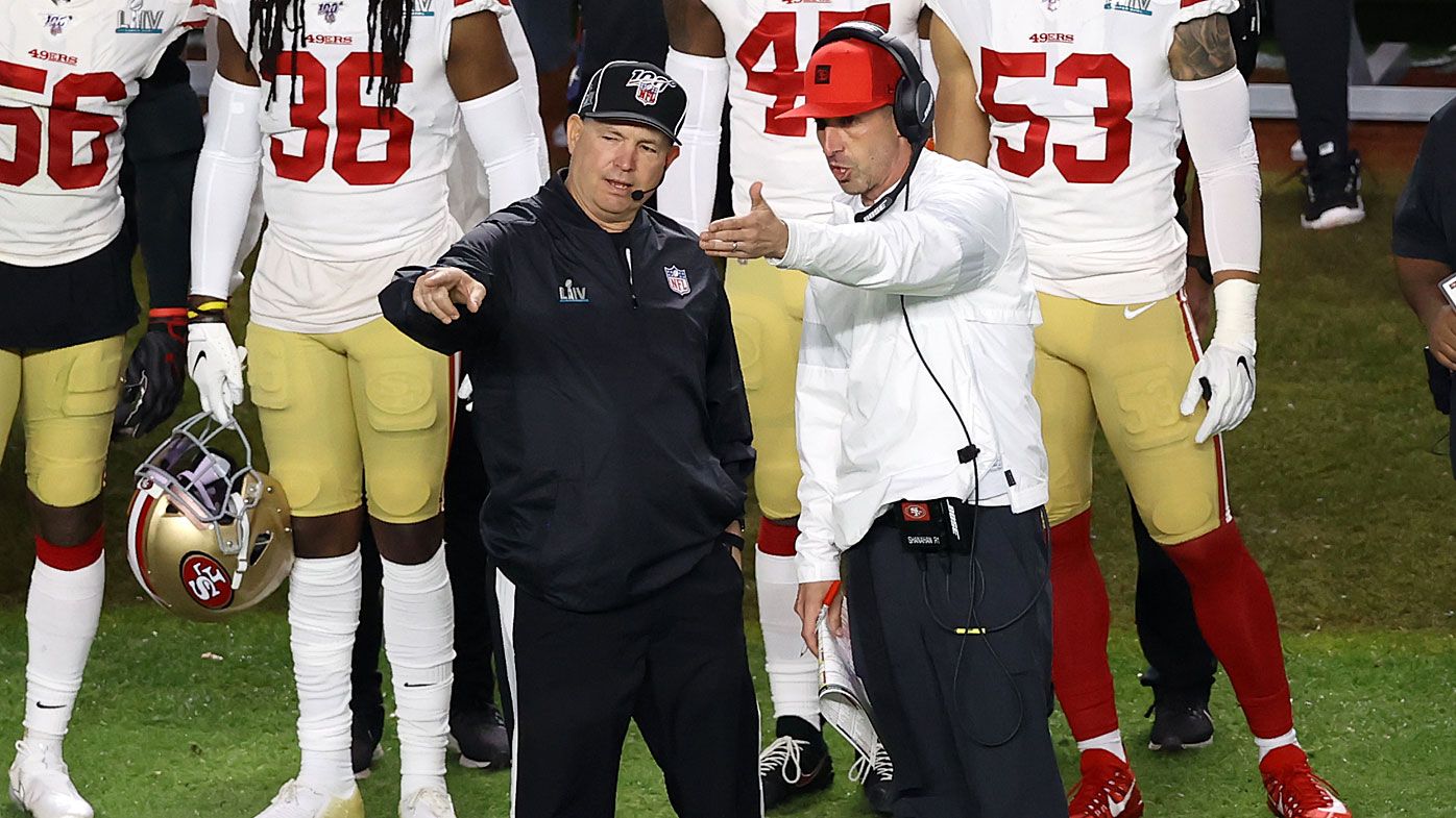 Head coach Kyle Shanahan of the San Francisco 49ers talks with a referee against the Kansas City Chiefs during the second quarter