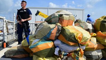 Petty Officer 3rd Class Brandon New, a crew member of Coast Guard Cutter Bear, stands security watch as seized drugs are offloaded at Miami, Florida, on June 16, 2023.