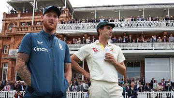 Ben Stokes of England with Australian captain Pat Cummins after play on day five of the second Test at Lord&#x27;s.