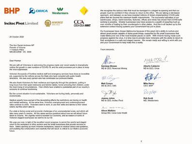 The letter is signed by BHP Billiton chief Mike Henry, Commonwealth Bank chief Matt Comyn, Coca Cola Amatil chief Alison Watkins, Incitec Pivot chief Jeanne Johns, Newcrest chief Sandeep Biswas, Orica chief Alberto Calderon and Wesfarmers chief Rob Scott.