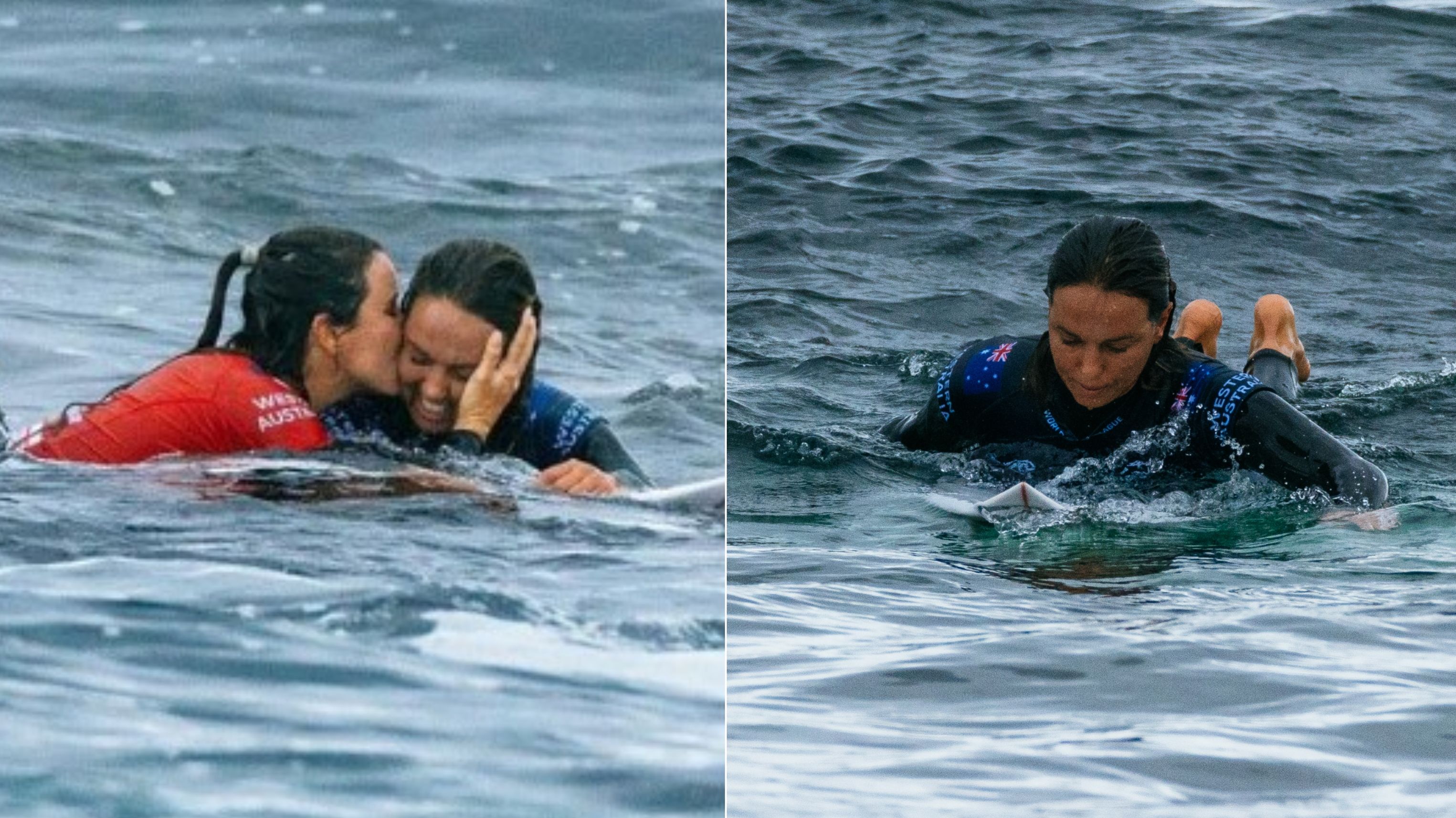 Aussie surfing star Sally Fitzgibbons is consoled by Johanne Defay after being knocked off the World Surf League tour.