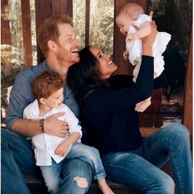 Prince Harry and Meghan, the Duchess of Sussex with their children Archie and Lilibet photographed for their 2021 Christmas card.