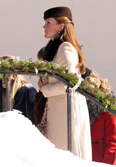 Pregnant with&nbsp;Prince George at the time, Kate looked Swiss chic in a chocolate James Lock &amp; Co hat with a matching fur collar.