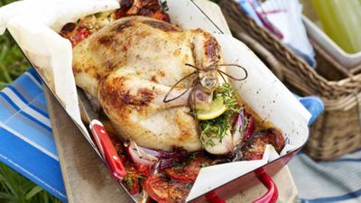 Recipe: <a href="http://kitchen.nine.com.au/2016/05/16/14/48/tomato-and-thyme-roast-chicken" target="_top">Tomato and thyme roast chicken</a>
