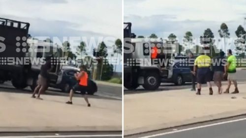 The two men can be seen brawling in mobile phone footage obtained by 9News.