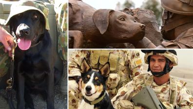 <p>Australian military dog Razz (left), dog Herbie and handler Sapper Darren Smith are among those  killed during service. They were honoured with a sculpture at the Australian War Memorial (top), unveiled in October 2015.&nbsp;</p>