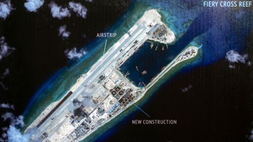 A photograph showing an island that China is building on the Fiery Cross Reef in the South China Sea. (Photo: AP). 