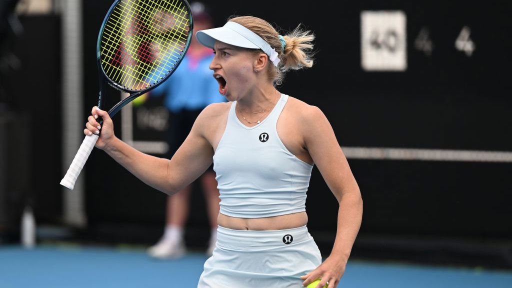 Daria Saville of Australia celebrates in her match against Elise Mertens of Belgium.