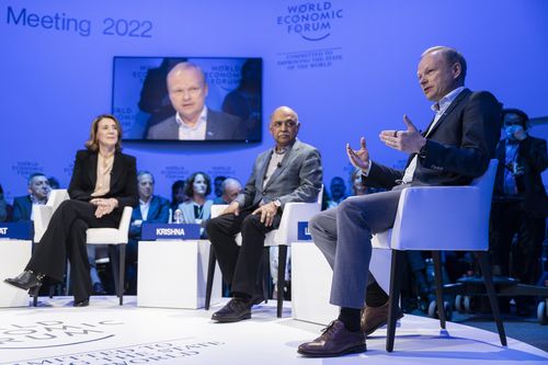Pekka Lundmark, President and Chief Executive Officer, Nokia, Finland, Arvind Krishna, Chairman and Chief Executive Officer, IBM, USA, and Ruth Porat, Senior Vice-President and Chief Financial Officer, Google, USA, from right, participate in a panel session during the 51st annual meeting of the World Economic Forum, WEF, in Davos, Switzerland, 