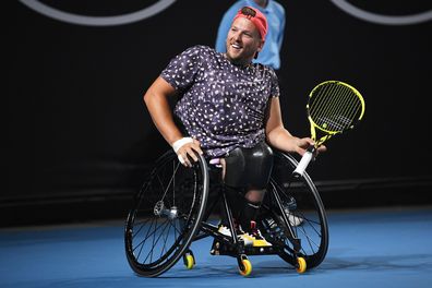 Dylan Alcott smiles during his quad wheelchair singles match.