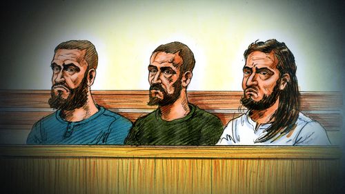 The three suspects in the dock at the Melbourne Magistrates' Court today.