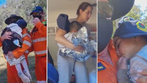 The moment little AJ was reunited with his mum, after SES members found the child sitting in a creek bed.