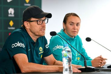 Tony Gustavsson, Head Coach of Australia, and Caitlin Foord of Australia speak to media during a Australia Matildas press conference.