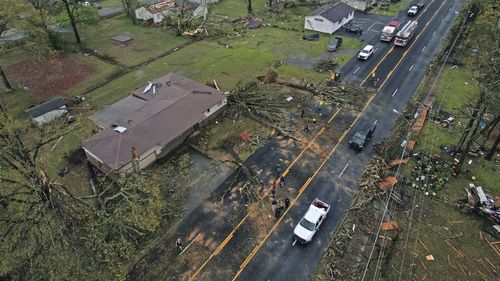 Damage to homes on E. Kiehl Ave. can be seen after a tornado caused extensive damage in the area Friday, March 31, 2023 in Sherwood, Ark. 