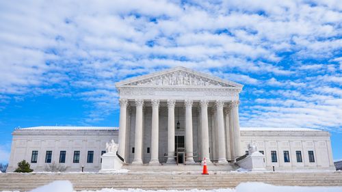 The U.S. Supreme Court is photographed after a snowstorm Monday, Jan. 26, 2026, in Washington. (AP Photo/Mariam Zuhaib)