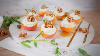 Summer stonefruit apricots with gorgonzola, toasted walnuts, honey and tarragon