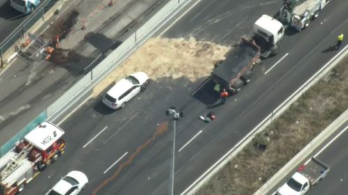 Diesel spilled onto the freeway as a result of the crash.