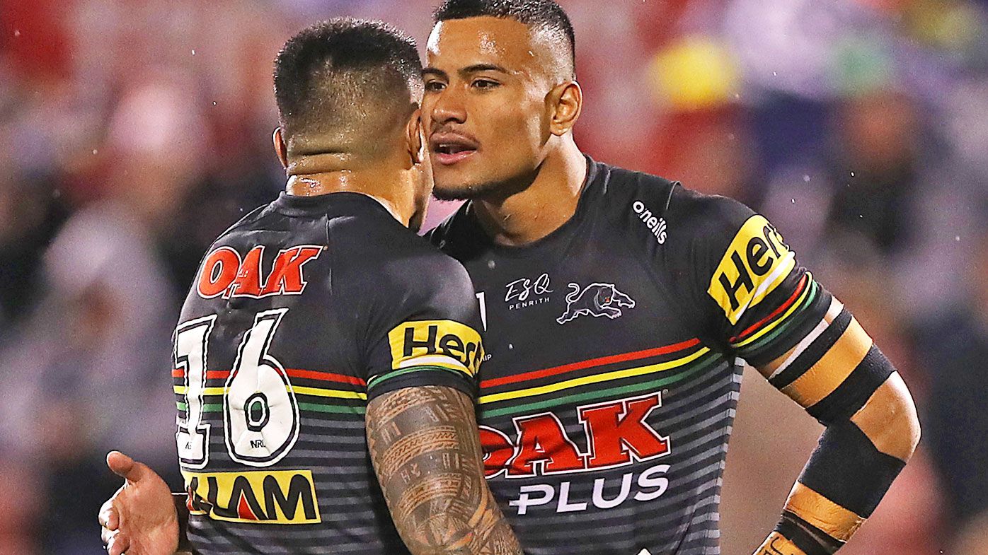 Moses Leota of the Panthers and Stephen Crichton of the Panthers celebrate after winning the round 13 NRL match 