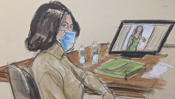 In this courtroom sketch, Ghislaine Maxwell is seated at the defence table while watching testimony of witnesses during her trial.