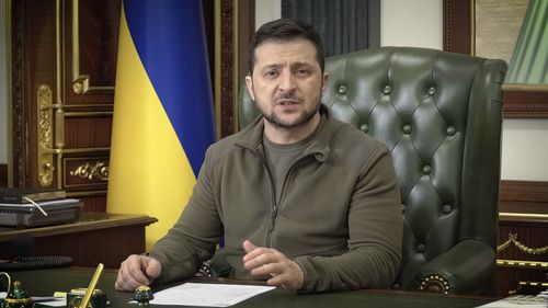 In this image from video provided by the Ukrainian Presidential Press Office and posted on Facebook, Ukrainian President Volodymyr Zelenskyy speaks in Kyiv, Ukraine.