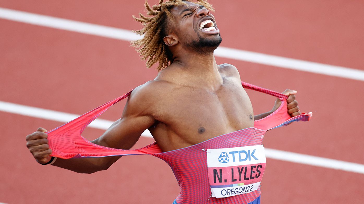 Noah Lyles of celebrates winning gold in the Men&#x27;s 200m Final at the World Athletics Championships in  Oregon.