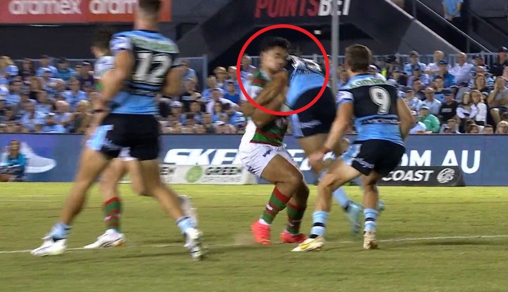 Sharks player Wade Graham hits South Sydney&#x27;s Davvy Moale.