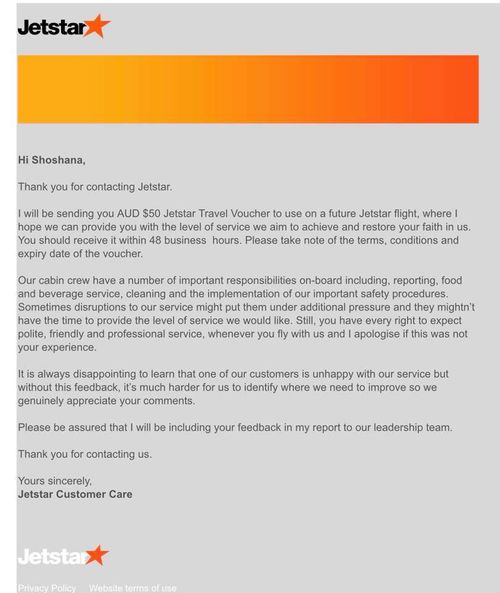 Jetstar issued Ms Strykert an apology letter suggesting staff may have been under additional pressure, which she shared online.