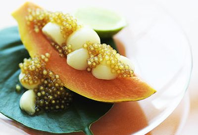 Papaya and tapioca pearls in palm syrup