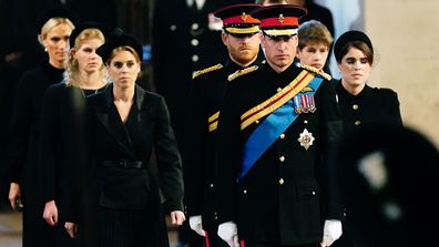 (left to right) Zara Tindall, Lady Louise, Princess Beatrice, the Prince of Wales, the Duke of Sussex, Princess Eugenie, Viscount Severn and Peter Phillips hold a vigil beside the coffin of their grandmother, Queen Elizabeth II, as it lies in state on the catafalque in Westminster Hall, at the Palace of Westminster, London. Picture date: Saturday September 17, 2022. PA Photo. See PA story DEATH Queen. Photo credit should read: Aaron Chown/PA Wire