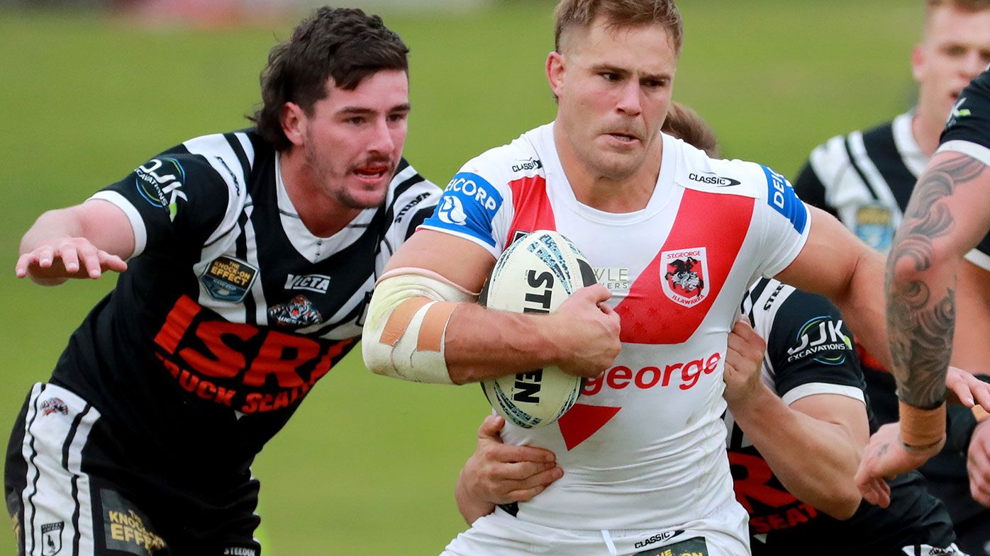 Jack de Belin runs the ball for St George Illawarra during the NSWRL round 12 match against the Western Suburbs Magpies at Lidcombe Oval on May 29, 2021.