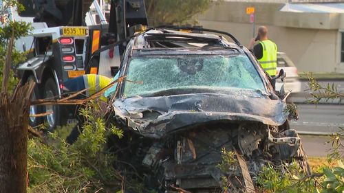 A﻿ luxury car has ploughed through a concrete wall and left a scene of destruction in Sydney's Norwest.