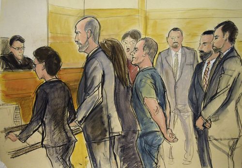 In this courtroom drawing, Joaquin "El Chapo" Guzman, center, appears in a New York courtroom on Friday, Jan. 20, 2017, after being extradited by Mexico to face federal drug trafficking and other charges. Guzman entered a not-guilty plea through his court-appointed lawyer and will be held without bail in a jail that has handled terror suspects and mobsters. From left are, Federal Judge James Orenstein; Assistant US Attorney Patricia Notopoulos; Federal Defender Michael Schneider, Federal Defender Michelle Gelernt, partially obscured; and the defendant. The three men at rear are Deputy U.S. Marshals. (Elizabeth Williams via AP)